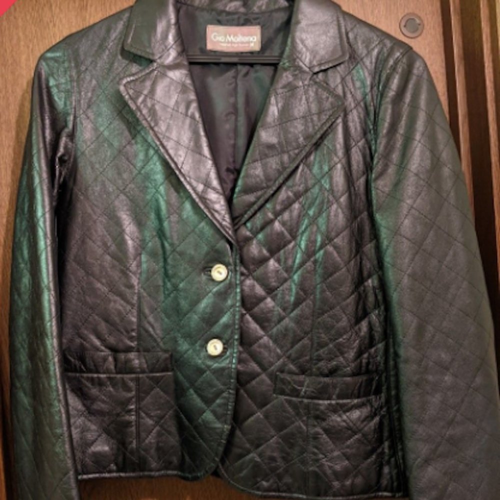 S 1980s Retro Leather Blazer Gio Moltena Women's Quilted Leather Jacket, Black